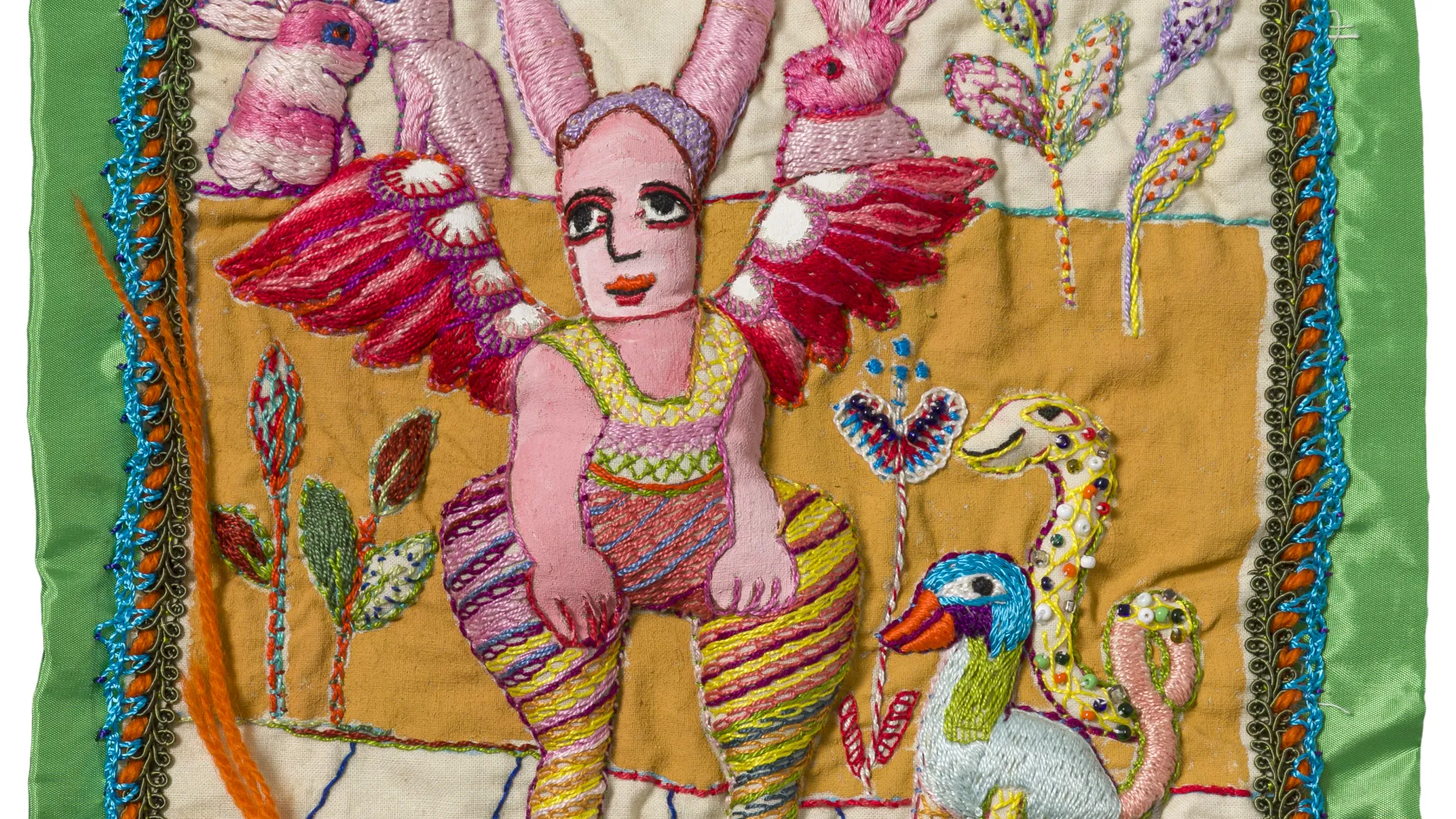 Mirka Mora, Rabbitting, (detail) 1978, embroidery thread, lace, beads, synthetic polymer paint on cotton and synthetic textile backing, 28 x 28cm, © Mirka Mora, courtesy The Estate of Mirka Mora.