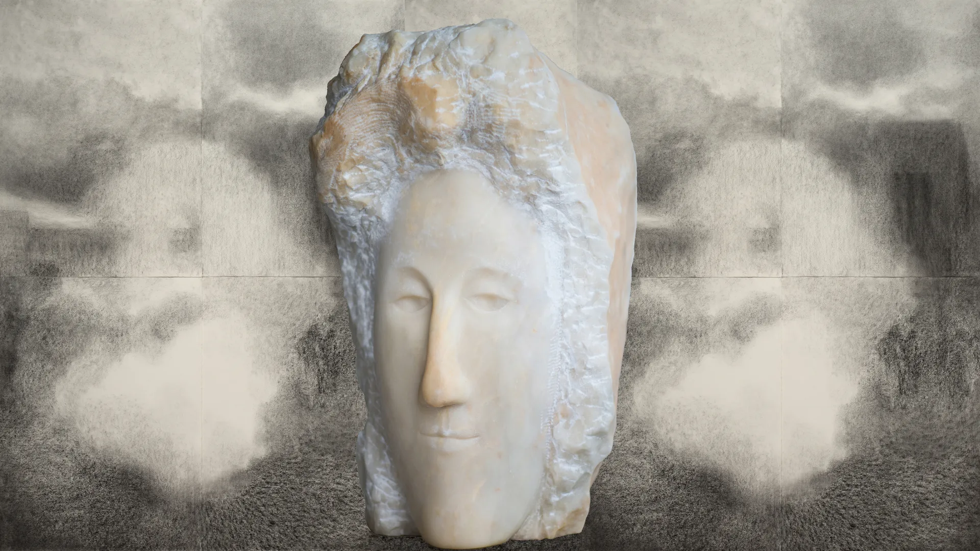 Michelle Caithness, Audience # 4, 2019, charcoal on paper, 152 x 132cm, Clive Murray-White, Michelle Fourteen, 2018, Chillagoe marble, 66 x  37 x 46cm.