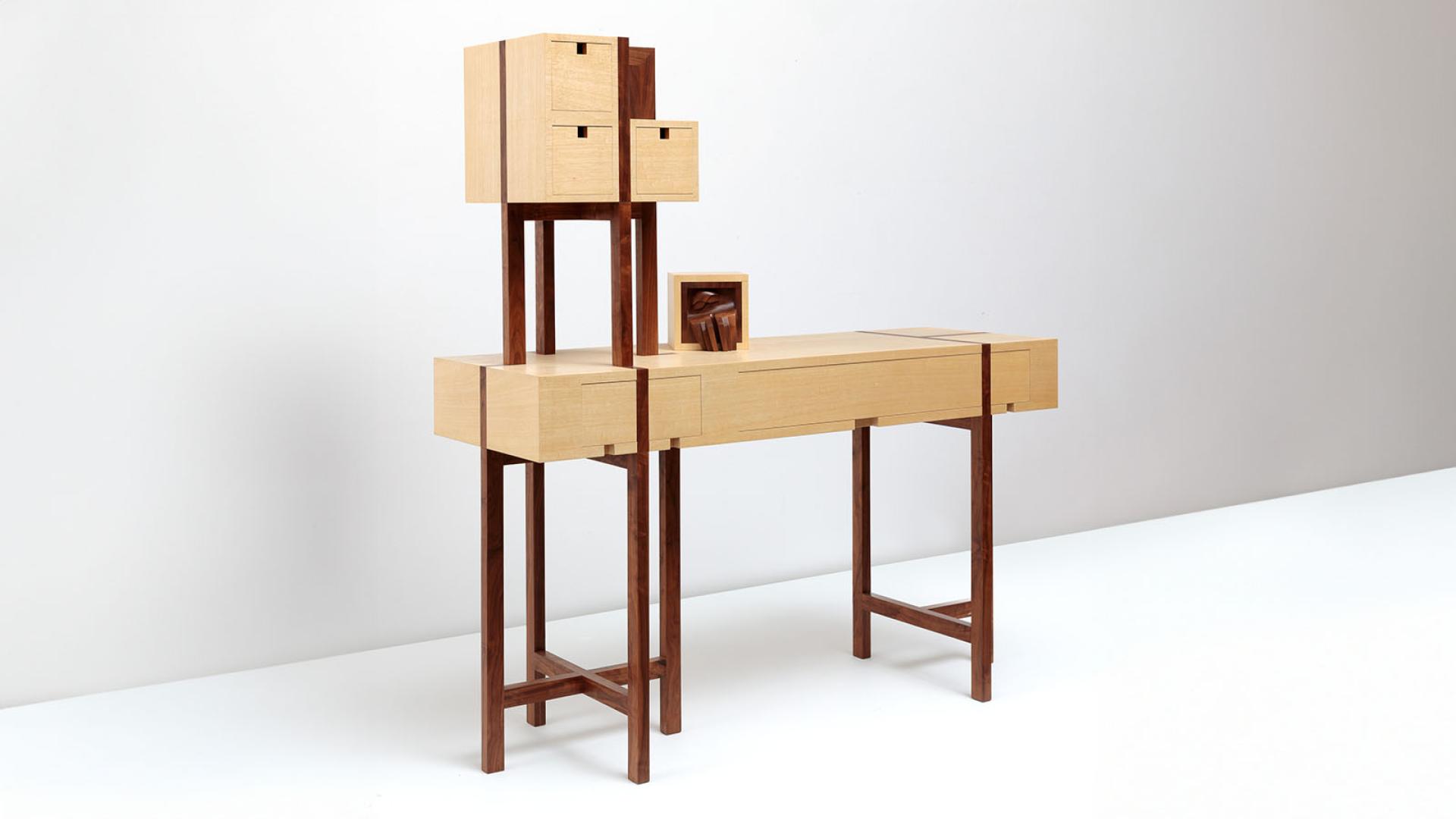 Helmut Lueckenhausen, House Teraphim 2, 2014, American Walnut, Queensland silver ash and marine grade plywood, 125.5 x 137.5 x 35 cm. Purchased with funds provided by Professor Barbara van Ernst AM and the Warrnambool Art Gallery Foundation, 2015