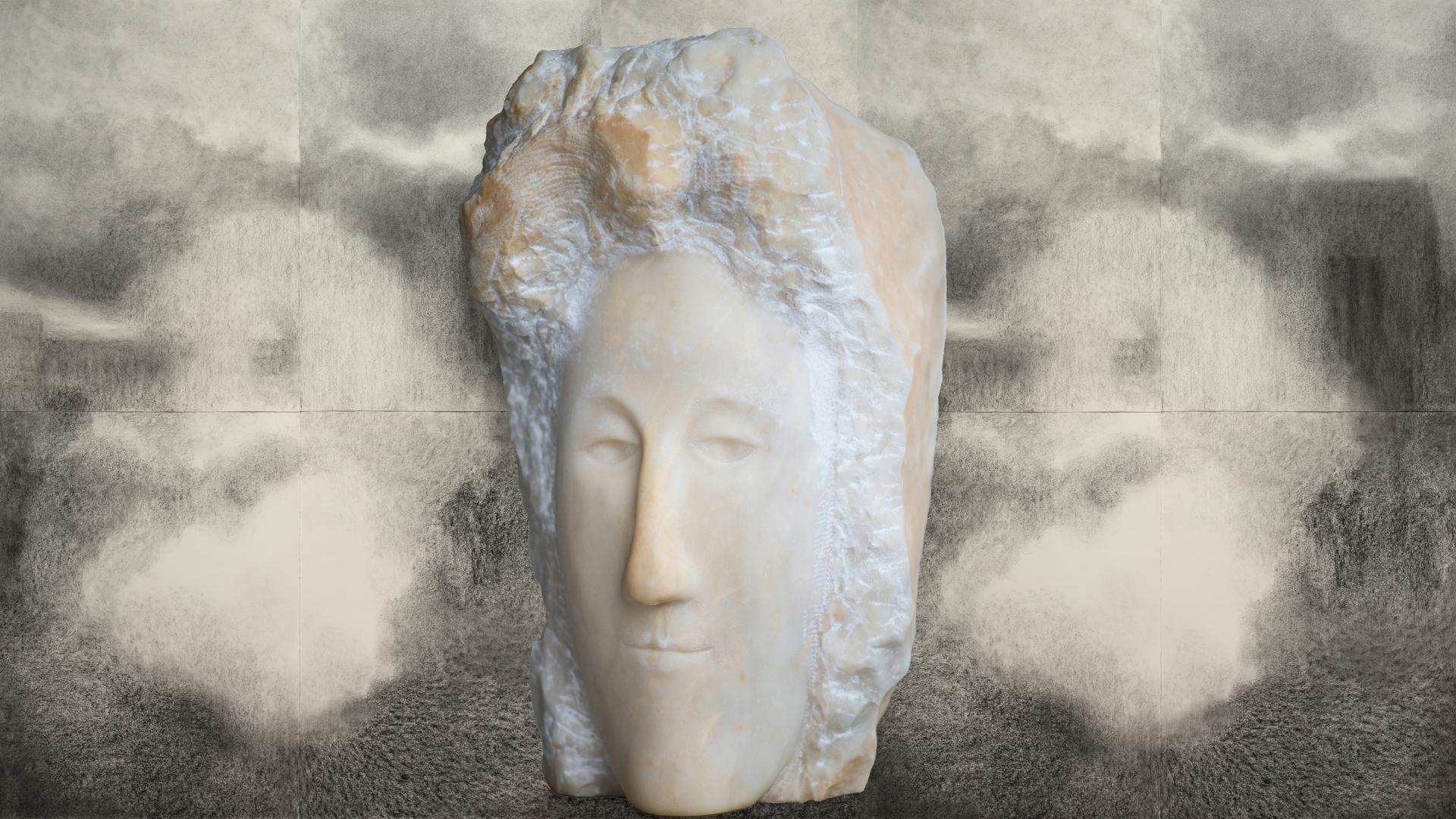 Michelle Caithness, Audience # 4, 2019, charcoal on paper, 152 x 132cm, Clive Murray-White, Michelle Fourteen, 2018, Chillagoe marble, 66 x 37 x 46cm.