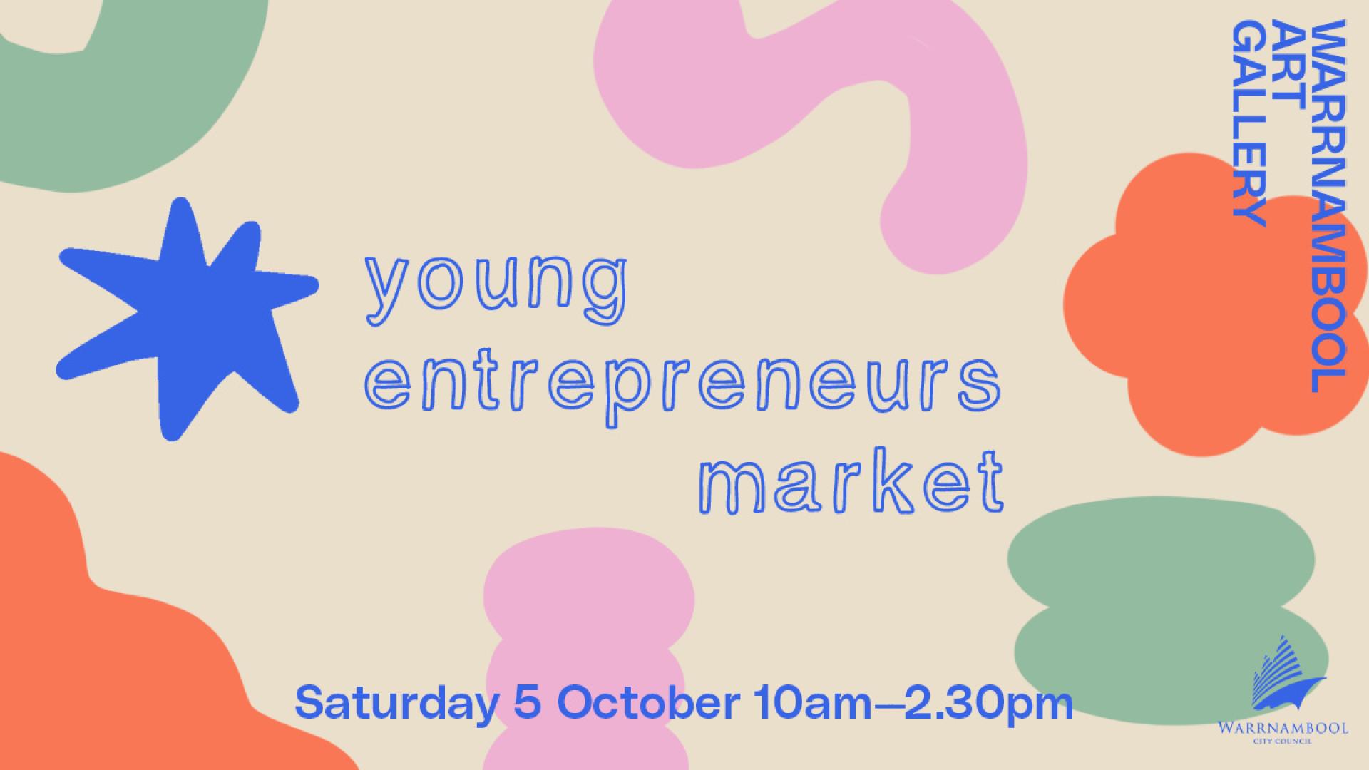 Young entrepreneurs market written in blue surrounded by colourful designs