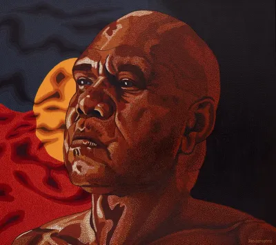  Jandamarra Cadd, Proud, 2014. Synthetic polymer paint on canvas, 138 x 155cm. Presented by the Drinkwater Family, 2022. Collection of the Warrnambool Art Gallery