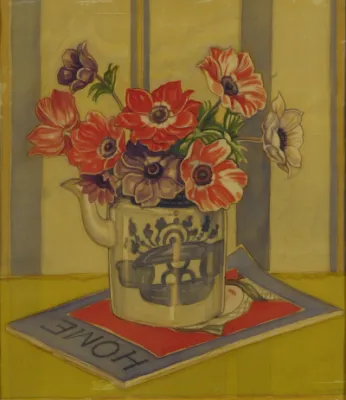 Thea Proctor, Untitled (Still life with Vase and Home Magazine), c. 1920, watercolour on silk, 40.0 x 34.4 cm