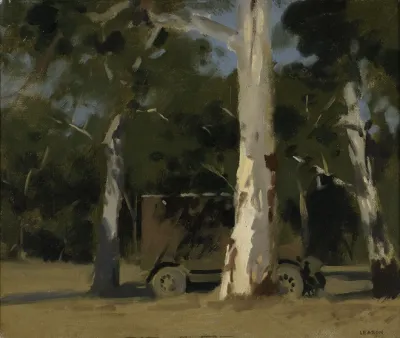 Percy Leason, Caravan Under Gums – Eltham, c. 1930, oil on masonite, 38.0 x 45.5 cm