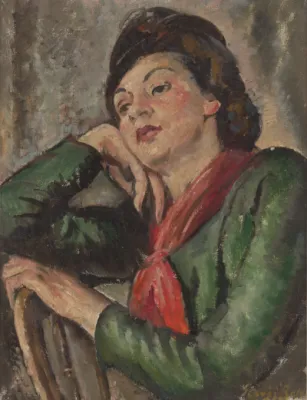 George Bell, Untitled (woman in green with red scarf), c. 1930s, oil on board, 61.0 x 46.0 cm