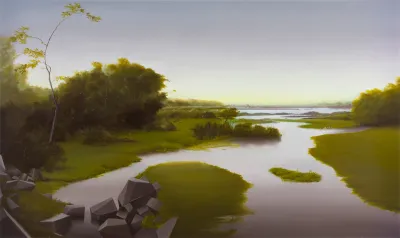 Sam Leach, Darlots Creek and Lake Condah, 2018, oil on linen, 72.0 x 122.0 cm