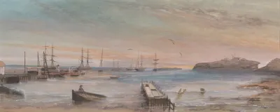 George Lance, Warrnambool Harbour, 1885, watercolour on paper, 37.0 x 96.0 cm