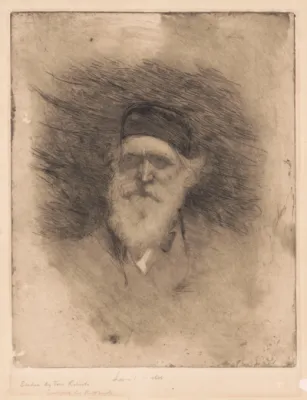Portrait of Louis Buvelot, Tom Roberts, etching on paper, 30.5 x 35.0 cm
