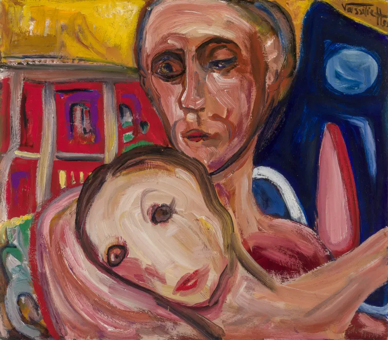 Danila Vassilieff, Male and Female, 1955, oil on board, 53.5 x 61.0 cm