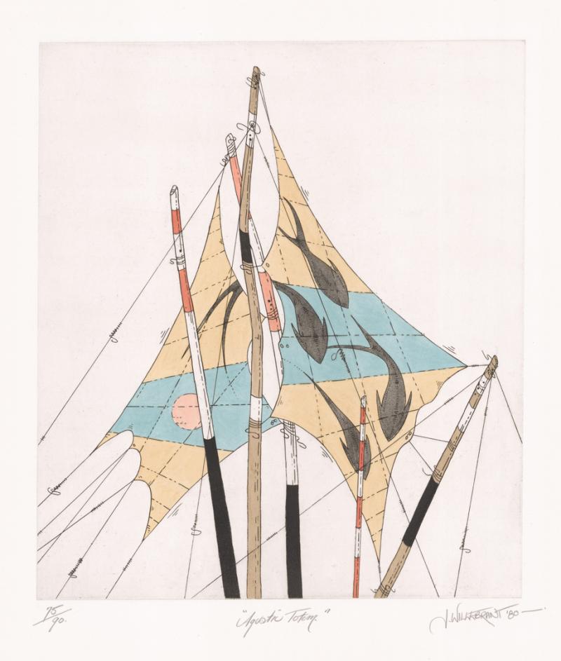 James Willebrant, Aquatic Totem, 1980, etching with hand colouring on 290gsm Fabriano Toepolo paper, 39.0 x 44.0 cm