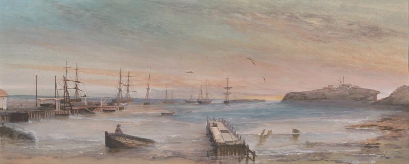 George Lance, Warrnambool Harbour, 1885, watercolour on paper, 37.0 x 96.0 cm