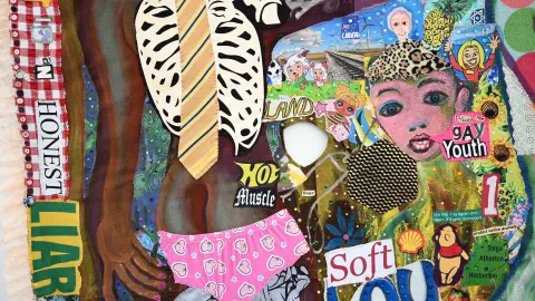 Paul Yore, We Are Blind To Our Own Blindness (detail), 2022, mixed media textile applique comprising found materials, reclaimed fabrics, beads, sequins, buttons, acrylic, lace and cotton thread, 331 x 232 cm. Courtesy Hugo Michelle, Adelaide