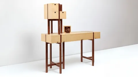 Helmut Lueckenhausen, House Teraphim 2, 2014, American Walnut, Queensland silver ash and marine grade plywood, 125.5 x 137.5 x 35 cm. Purchased with funds provided by Professor Barbara van Ernst AM and the Warrnambool Art Gallery Foundation, 2015