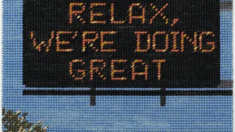 Michelle Hamer, Batshit Crazy (from the series Relax, We’re Doing Great), 2020, hand-stitching, mixed yarn on perforated plastic, 26 x 33 cm.